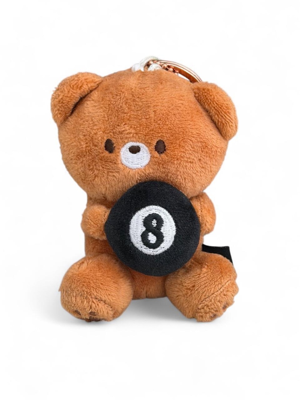Plush Brown Bear Keychain with a Black 8-Ball